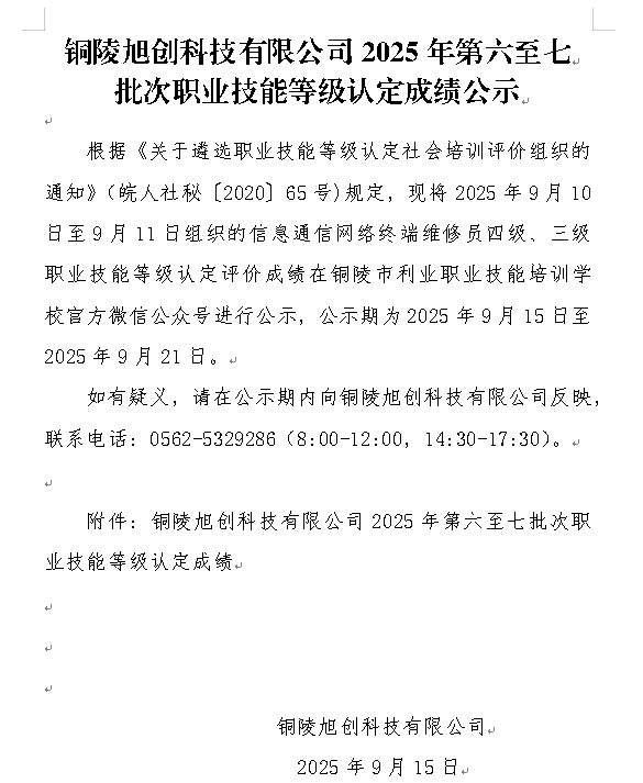 铜陵旭创科技有限公司2025年第六至七批次职业技能等级认定成绩公示（9月10日-9月11日）